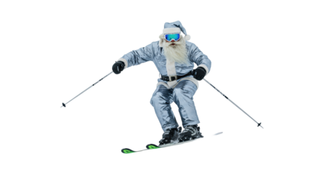 elderly santa claus in a modern metallic silver ski suit, electric blue goggles, aggressively carving a deep turn on neon green skis, white-out background, high-octane christmas sports concept