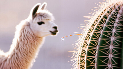 Obraz premium Alpaca interacting with cactus in a desert setting 