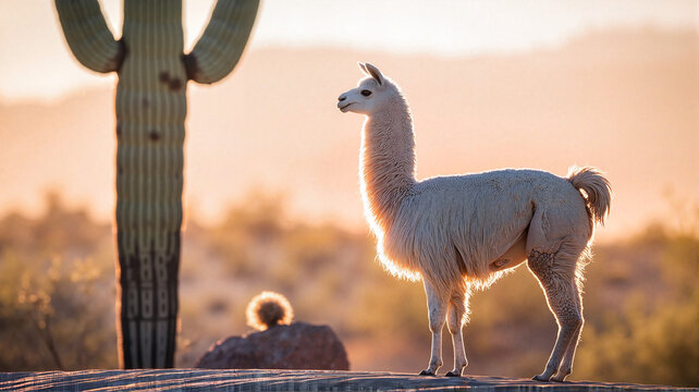 Llama standing beside saguaro cactus in sunset desert landscape   - Powered by Adobe