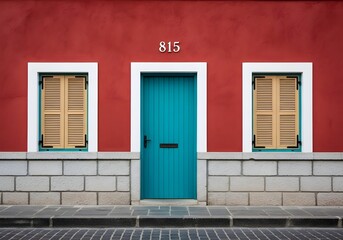 Charming European Facade with Teal Door and Window Shutters against a Vibrant Red Wall a Colorful Mediterranean Architecture Photograph