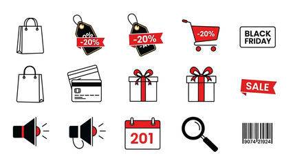 Black Friday Shopping Icons Set Sales, Discounts, Gifts, and Promotions for Commerce