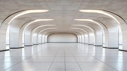 Fototapeta premium Spacious modern arched interior hall with glossy tile floor and symmetrical lighting