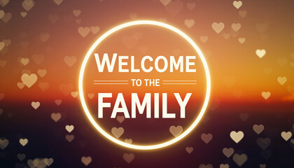 Warm vibrant sunset background illuminates glowing circle message welcoming new members to the family circle