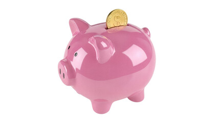 Pink piggy bank with golden coin isolated PNG, savings and investment concept for financial planning and wealth management