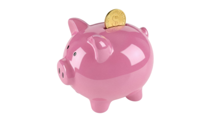 Pink piggy bank with golden coin isolated PNG, savings and investment concept for financial planning and wealth management
