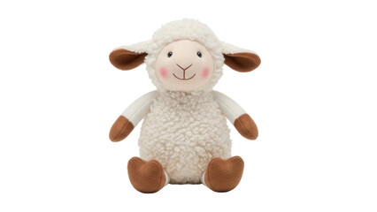Adorable plush lamb toy isolated PNG, soft stuffed animal for kids and nursery decor on transparent background