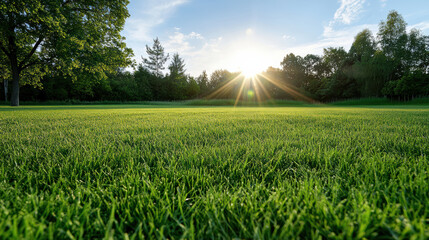 Lush green grass field at sunrise with sunburst and surrounding trees