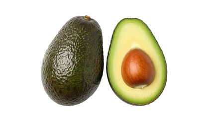 Ripe avocado fruit isolated PNG, whole and halved with pit, healthy eating ingredient for vegan and vegetarian diet on transparent background