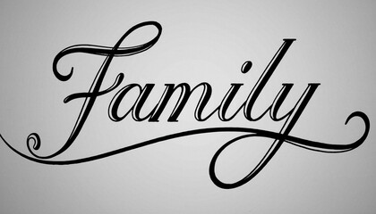 Elegant flowing calligraphy script spelling out the word family in beautiful black lettering against a soft gray background