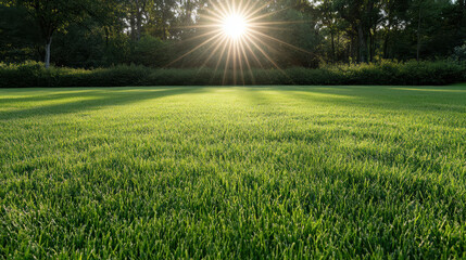 Sunlit green lawn grass field sunrise morning light sunburst