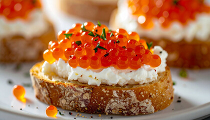 Bruschetta topped with cream cheese and red caviar, juicy and delicious snack, tasty delicacy