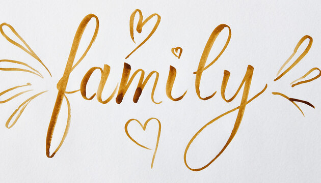 Elegant coffee calligraphy spelling family with charming hearts and artistic flourishes on white paper texture