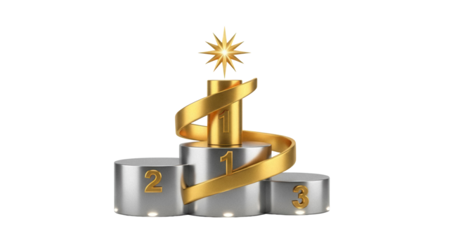 Golden winners podium isolated PNG, first place award platform with star and ribbon on transparent background, competition achievement
