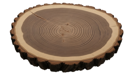 Tree trunk cross section PNG isolated on transparent background, wood slice with growth rings for nature and woodworking projects