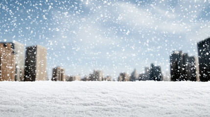 Snowfall cityscape skyline snowy foreground winter scene with soft flakes falling