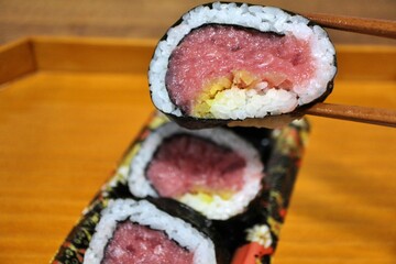 Torotaku makizushi (rolled sushi) purchased at a supermarket in Tokyo, Japan
