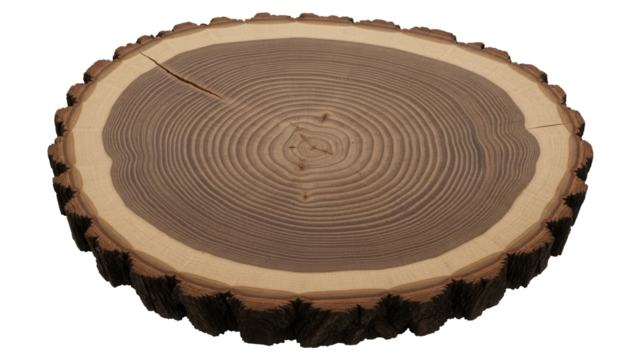 Tree trunk cross section PNG isolated on transparent background, wood slice with growth rings for nature and woodworking projects