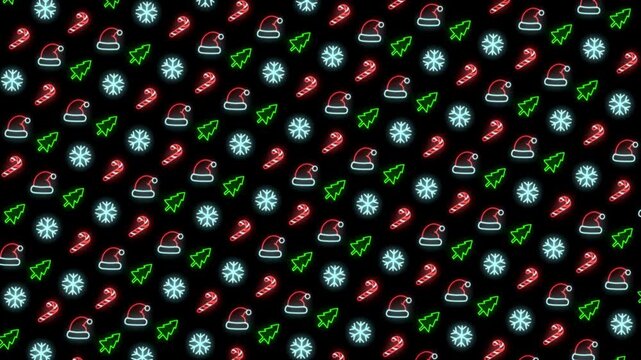Looping neon Christmas pattern featuring trees, snowflakes, Santa hats, and candy canes in red, black, and white.