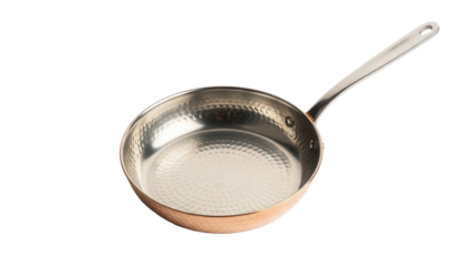 Copper frying pan isolated PNG on transparent background, hammered metal skillet for cooking and kitchenware design, professional cookware