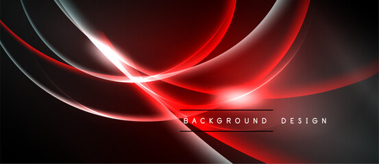 Abstract red lines create dynamic flow. Dark background emphasizes bright curves, glowing effect. Modern design element.