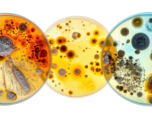 Three petri dishes with multicolored bacterial cultures, vibrant patterns, macro close-up