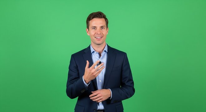 Man in a dark blue suit gestures while standing against a bright green screen background