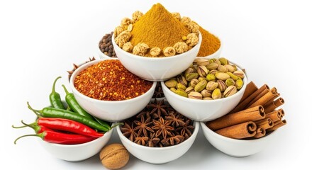 An assortment of colorful spices and herbs arranged in white bowls for culinary use, showcasing variety and aroma