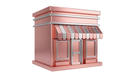 Rose gold store front isolated PNG, 3D rendering of a shop facade with awning on transparent background for graphic design and e-commerce use