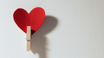 Handmade red paper heart clipped with a small wooden clothespin, standing upright on a clean white background with soft natural light and gentle shadows.
