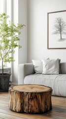 Wood stump coffee table near grey sofa against white wall with poster frame. Scandinavian, nordic home interior design of modern living room, Generative AI