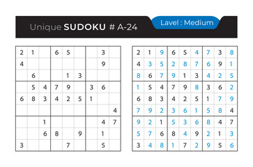 Sudoku puzzle with answer. Vector puzzle game with numbers for kids and adults. 9x9 sudoku Illustration on white background.
