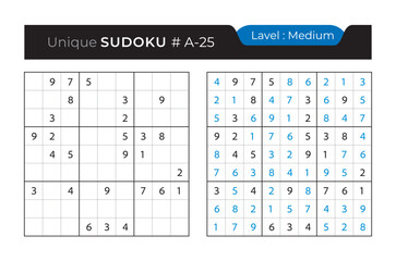 Sudoku puzzle with answer. Vector puzzle game with numbers for kids and adults. 9x9 sudoku Illustration on white background.