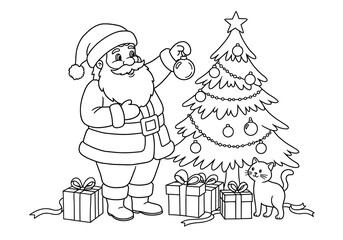 Cheerful Santa Claus coloring page with Christmas tree, ornaments, and playful cat