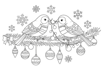 Adorable birds coloring page with Christmas ornaments and festive decorations