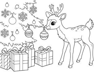 Cute reindeer coloring page with Christmas tree, ornaments, and gift boxes
