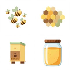 Vector icons set of honey related elements: bees, honeycomb, beehive, and jar of honey
