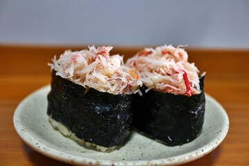 Snow crab nigirizushi purchased at a supermarket in Tokyo, Japan