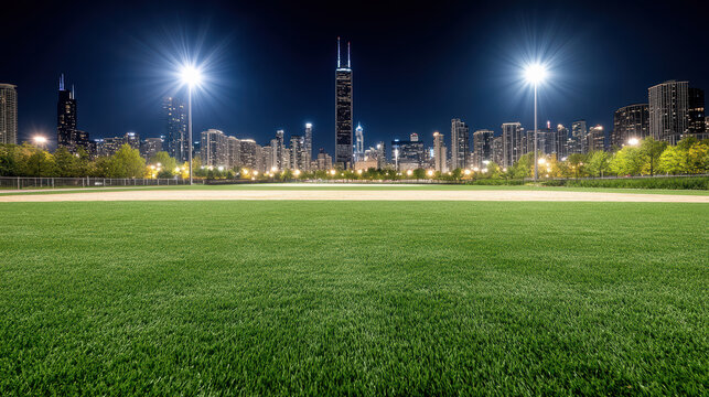 Nighttime city skyline beyond illuminated baseball field, serene urban evening scene