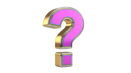 Pink and gold question mark PNG isolated on transparent background, 3D rendering for graphic design and educational use