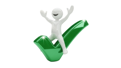 Happy 3D stick figure riding a green check mark isolated PNG, concept of approval and success on transparent background