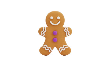 Gingerbread man cookie PNG isolated on transparent background, cute Christmas holiday treat with icing and purple buttons, festive baked good