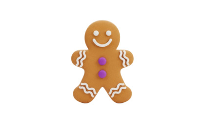Gingerbread man cookie PNG isolated on transparent background, cute Christmas holiday treat with icing and purple buttons, festive baked good