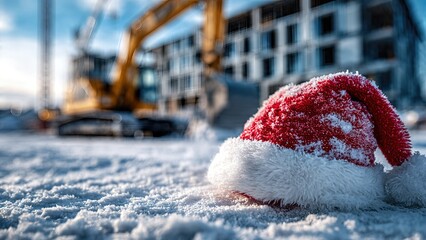A red Christmas Santa hat lying on snowy ground at an active construction site during a colorful winter sunset