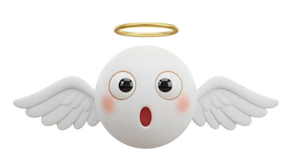 Surprised angel emoji PNG isolated on transparent background, cute cartoon character with halo and wings for graphic design and social media