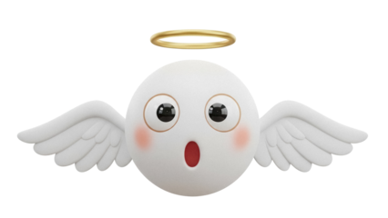 Surprised angel emoji PNG isolated on transparent background, cute cartoon character with halo and wings for graphic design and social media