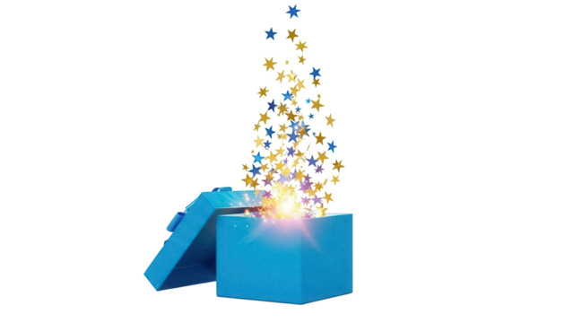 Blue gift box with golden and blue stars PNG isolated on transparent background, surprise present for birthday or special occasion