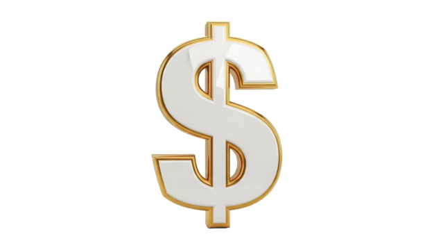 Gold dollar sign PNG isolated on transparent background, currency symbol for finance and investment concepts, money icon