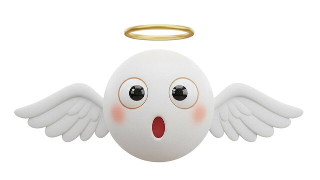Surprised angel emoji PNG isolated on transparent background, cute cartoon character with halo and wings for graphic design and social media
