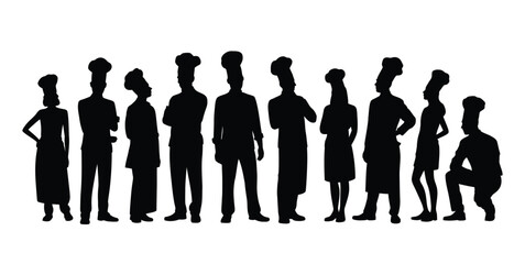Dynamic team of diverse chefs in silhouette ready to prepare delicious meals