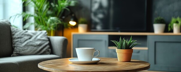 Gray sofa and tv unit in loft interior design of modern living room, Generative AI